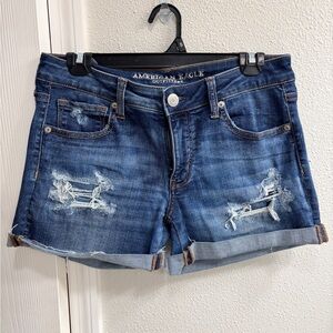 American Eagle Outfitters Blue Distressed Rolled Cuff Super Stretch Jean Shorts